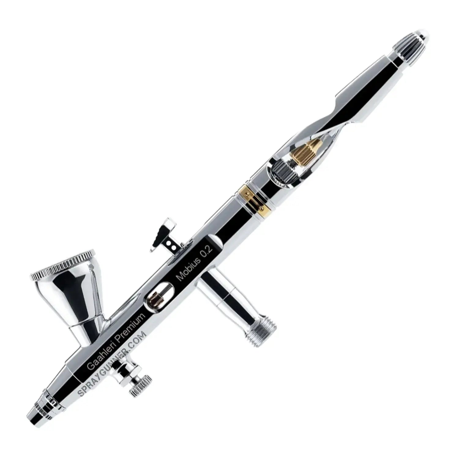 GAAHLERI Premium Series GHPM-Mobius 0.2mm precision airbrush with a sleek chrome finish, designed for ultra-fine detail and professional airbrushing.