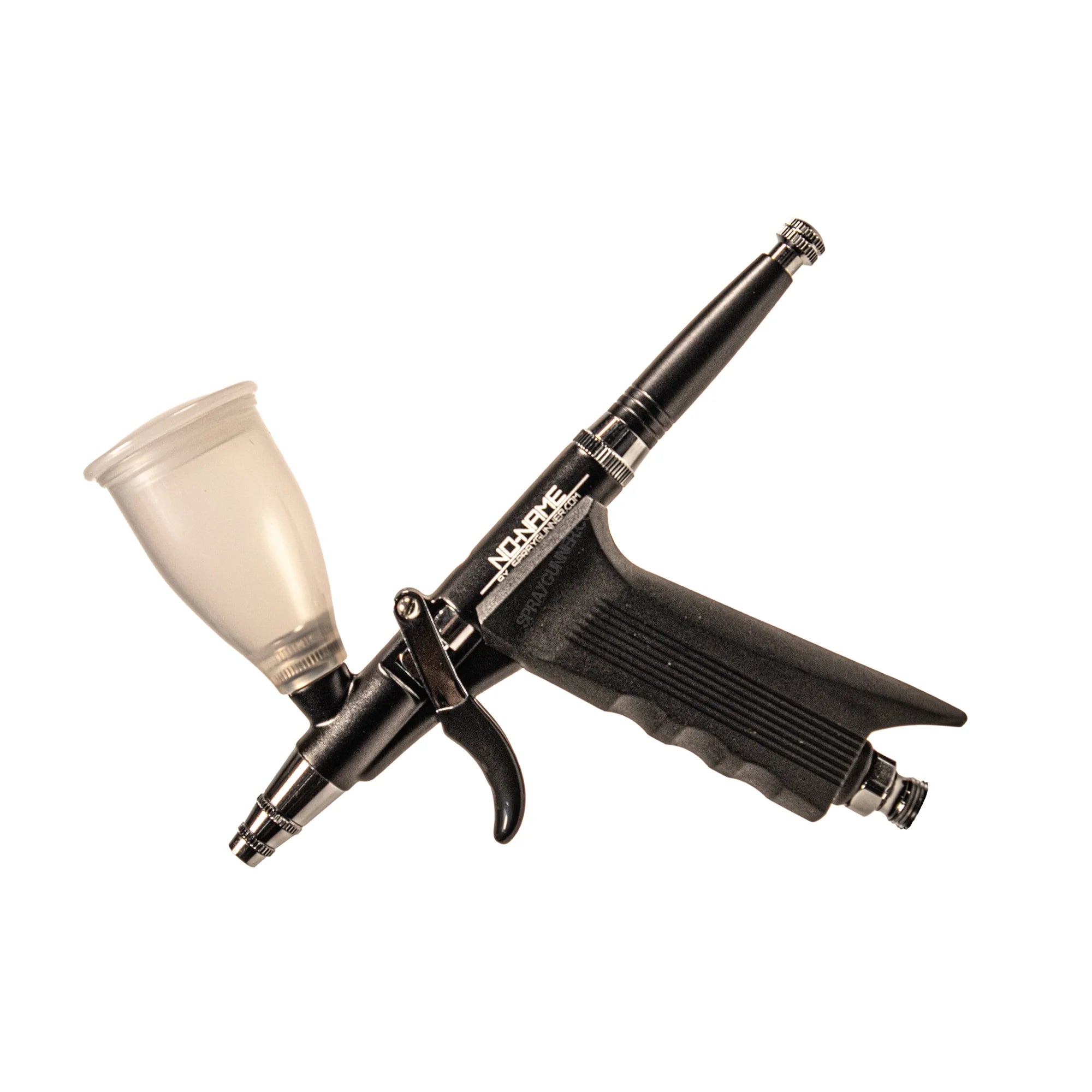 Precision Pistol Trigger Gravity Feed Airbrush Set by NO-NAME, featuring Round & Fan Caps, available at Spraygunner.
