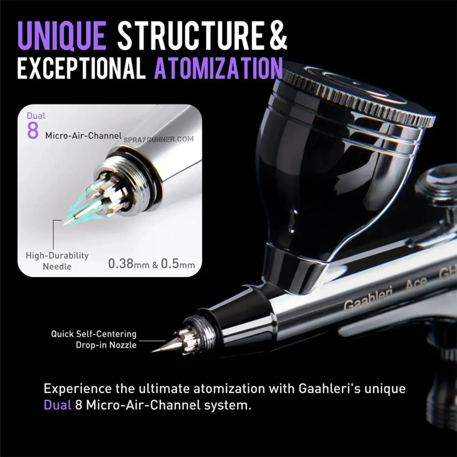 For accurate painting, the GAAHLERI GHAC-98D Ace Series Airbrush features a mirror-level gravity fluid cup. has an internal finish that is smooth and easy to clean.