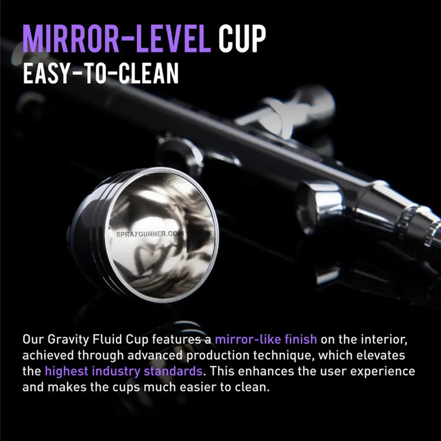 GAAHLERI GHAC-98D Ace Series Airbrush with mirror-level gravity fluid cup for precision painting. Features a smooth, easy-to-clean interior finish.