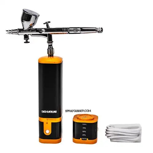 With a precise nozzle, battery pack, and USB cable, the new 2024 model cordless compressor kit for barber airbrushes allows for portable barber detailing.