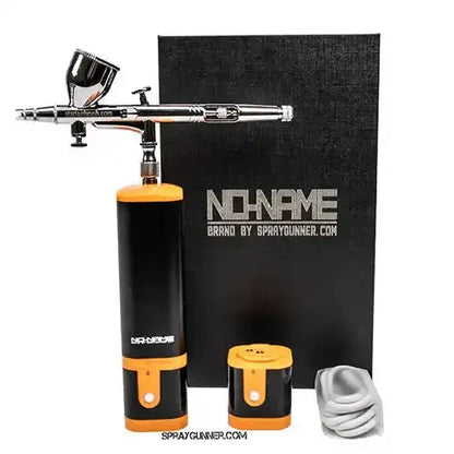 A precision nozzle, battery pack, and USB connector are included with the new 2024 model's cordless compressor set for portable barber detailing.