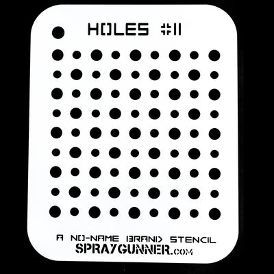 A grid of precisely carved circular holes for intricate spray patterns and effects is featured in Holes Stencil #11, a custom airbrush stencil by the NO-NAME Brand.