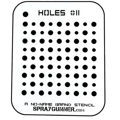 Holes Stencil #11 – NO-NAME Brand custom airbrush stencil featuring a grid of precision-cut circular holes for detailed spray patterns and effects.